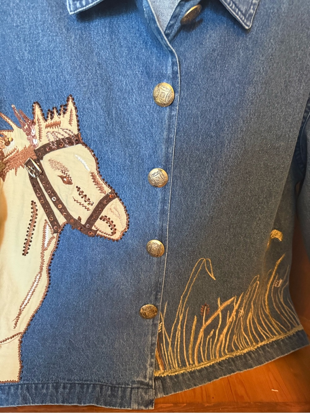 Tantrums vintage 100% cotton Horse Equestrian Western Denim Beaded Sequin Jacket - Picture 7 of 12